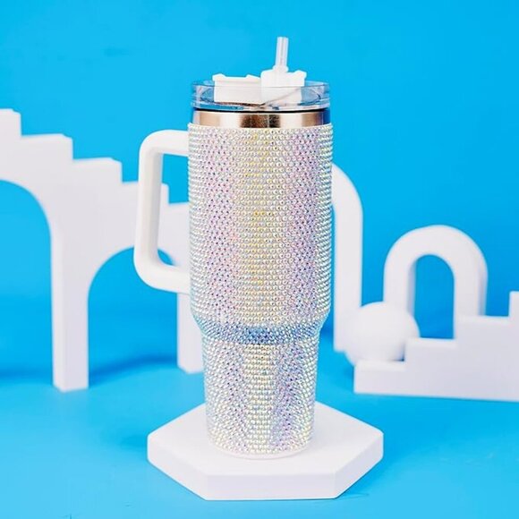 WHITE RHINESTONE 40oz TUMBLER WITH HANDLE- BLING CUP - Picture 3 of 7